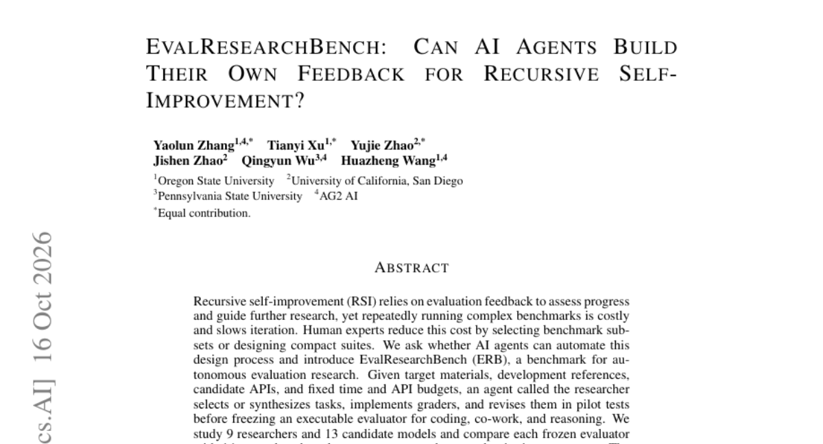 EvalResearchBench: Can AI Agents Build Their Own Feedback for Recursive Self-Improvement? 封面