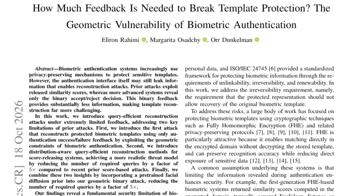 How Much Feedback Is Needed to Break Template Protection? The Geometric Vulnerability of Biometric Authentication 封面